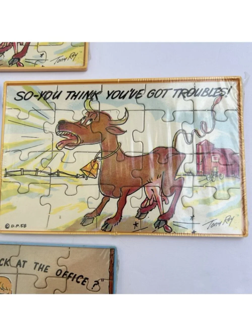 Vintage 50's Set of 4 Jokes Puzzle Humor Postcards Tony Roy New Sealed Gag MCM